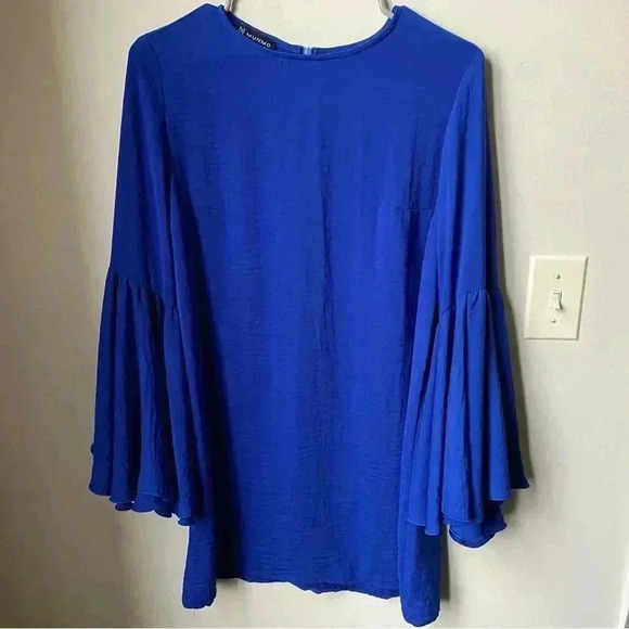 Royal Blue Mini Dress with Bell Sleeves - Women’s Size Large fits like Medium - Picture 1 of 14